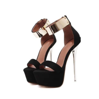 Sandales à talons hauts 16 cm noires et dorées avec plateforme